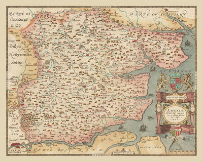 Old Map of Essex 1579 by Christopher Saxton - First Map of Essex -  Southend, Colchester, Chelmsford, Romford, Dagenham, Brentwood