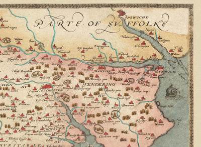 Old Map of Essex 1579 by Christopher Saxton - First Map of Essex -  Southend, Colchester, Chelmsford, Romford, Dagenham, Brentwood