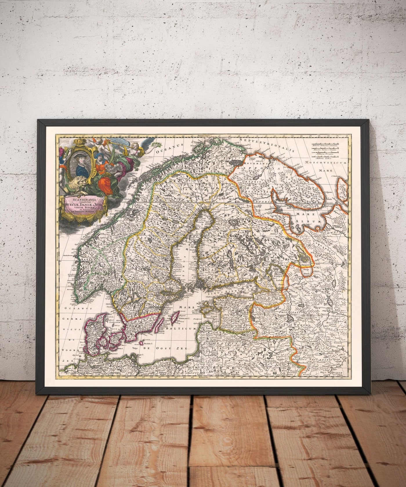Mapa antiguo de Scandinavia, 1720 por Johann Baptist Homann - Nordic, Báltico, Dinamarca, Suecia, Finlandia, Rusia, Estonia, Letonia, Lituania