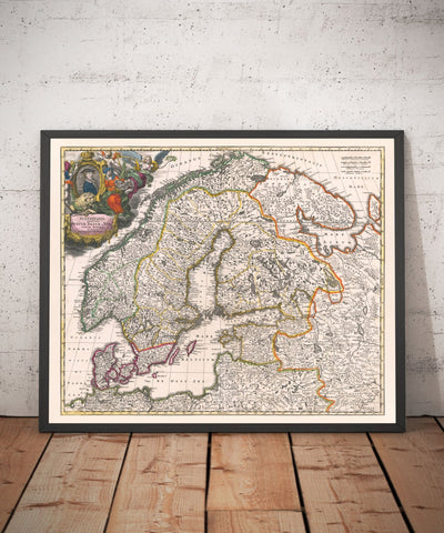 Mapa antiguo de Scandinavia, 1720 por Johann Baptist Homann - Nordic, Báltico, Dinamarca, Suecia, Finlandia, Rusia, Estonia, Letonia, Lituania