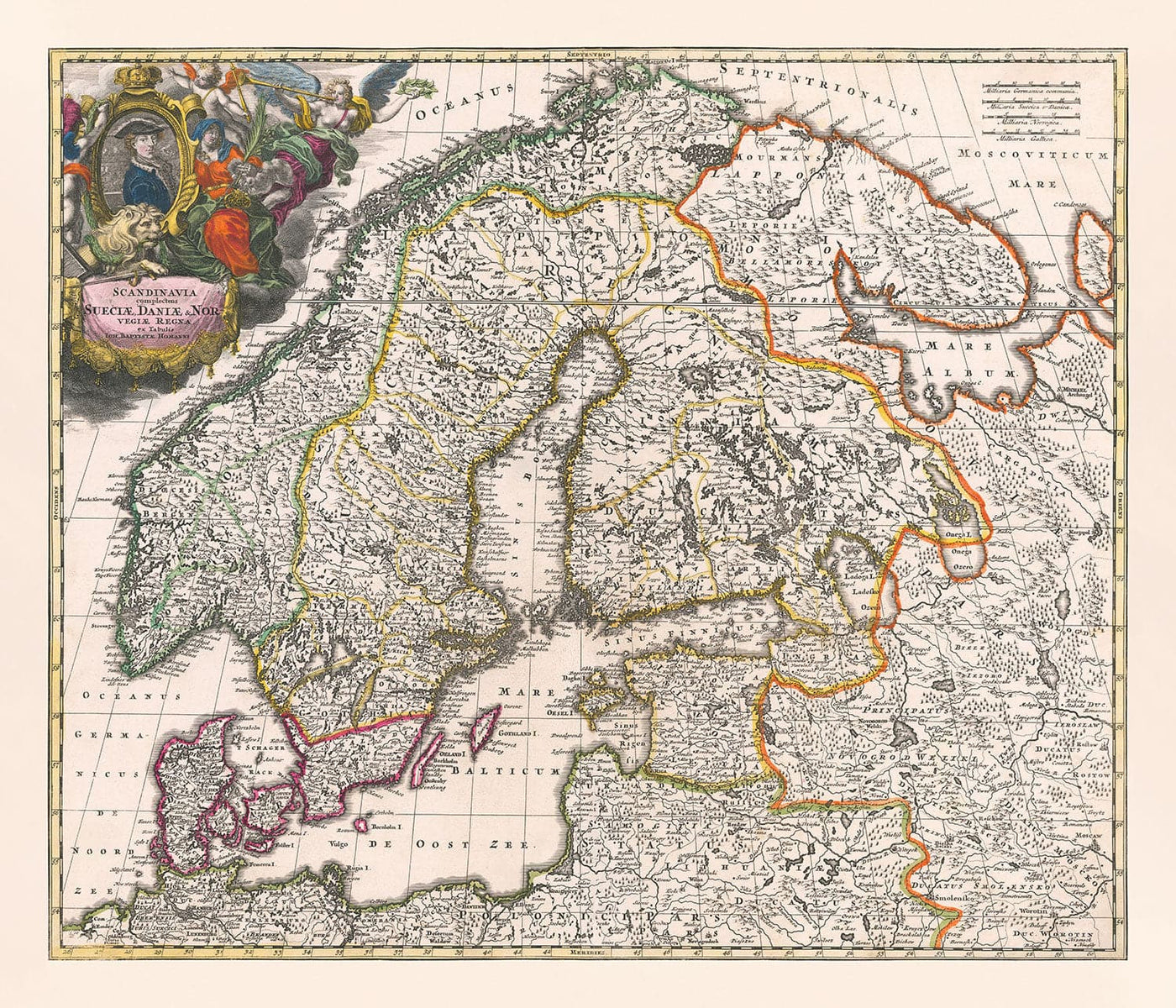 Mapa antiguo de Scandinavia, 1720 por Johann Baptist Homann - Nordic, Báltico, Dinamarca, Suecia, Finlandia, Rusia, Estonia, Letonia, Lituania