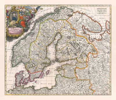 Mapa antiguo de Scandinavia, 1720 por Johann Baptist Homann - Nordic, Báltico, Dinamarca, Suecia, Finlandia, Rusia, Estonia, Letonia, Lituania