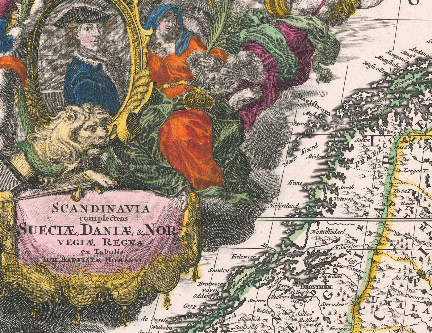 Mapa antiguo de Scandinavia, 1720 por Johann Baptist Homann - Nordic, Báltico, Dinamarca, Suecia, Finlandia, Rusia, Estonia, Letonia, Lituania