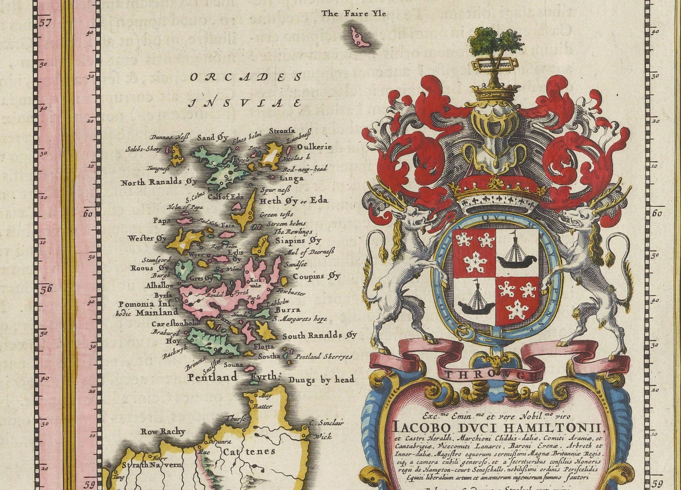 Antiguo mapa de Escocia, Islas Shetland y Orcadas en 1654 por Joan Blaeu del Theatrum Orbis Terrarum Sive Atlas Novus