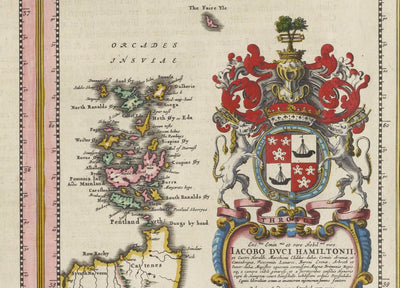 Antiguo mapa de Escocia, Islas Shetland y Orcadas en 1654 por Joan Blaeu del Theatrum Orbis Terrarum Sive Atlas Novus