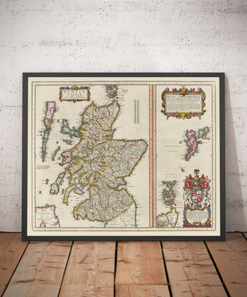 Antiguo mapa de Escocia, Islas Shetland y Orcadas en 1654 por Joan Blaeu del Theatrum Orbis Terrarum Sive Atlas Novus