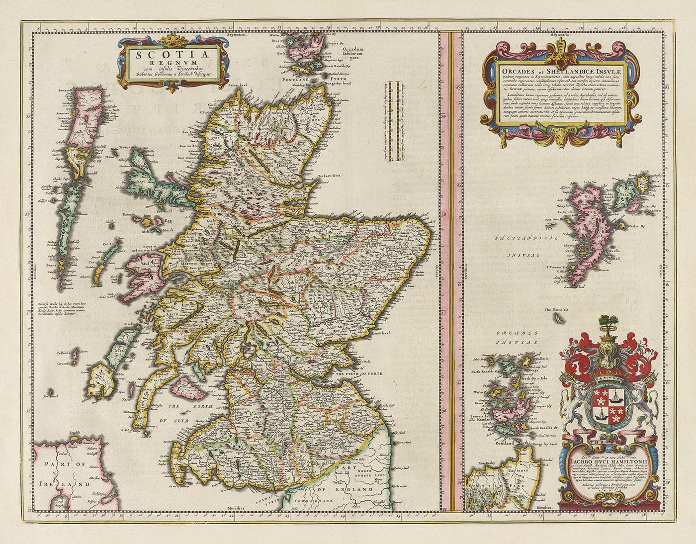 Antiguo mapa de Escocia, Islas Shetland y Orcadas en 1654 por Joan Blaeu del Theatrum Orbis Terrarum Sive Atlas Novus