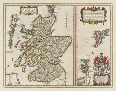 Antiguo mapa de Escocia, Islas Shetland y Orcadas en 1654 por Joan Blaeu del Theatrum Orbis Terrarum Sive Atlas Novus