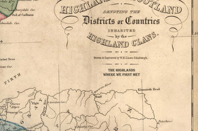 Mapa de clanes de Escocia - Raro mapa en color de las Tierras Altas de Escocia por WH Lizars, 1822