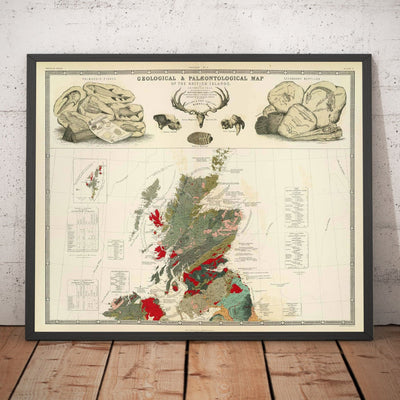 Ancienne carte géologique et paléontologique de l'Écosse, 1854, par A.K. Johnston et Edward Forbes - Rare Fossil Wall Chart