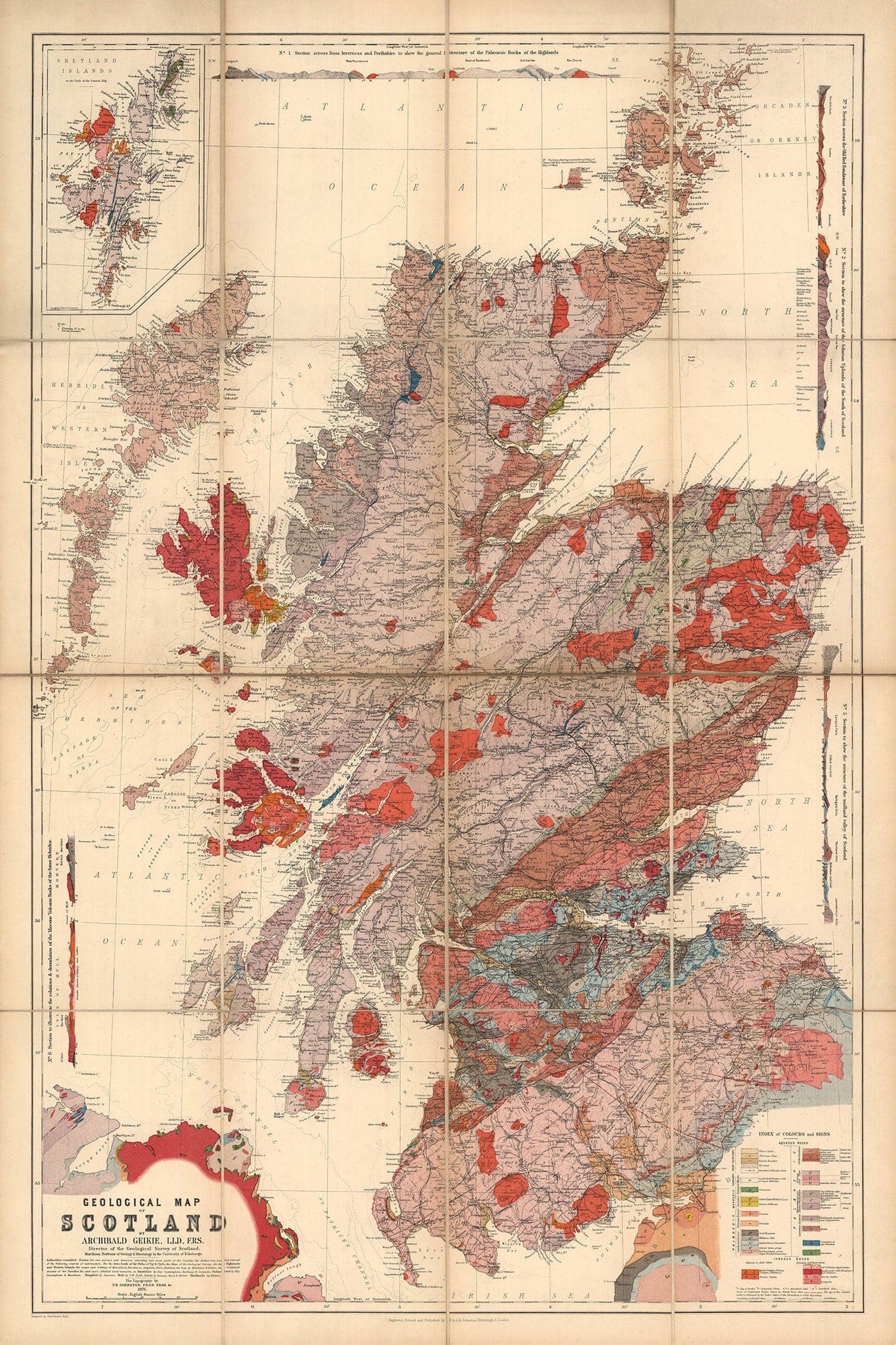 Scotland Geology Map - Old Map of Scotland by A. Geikie, 1876