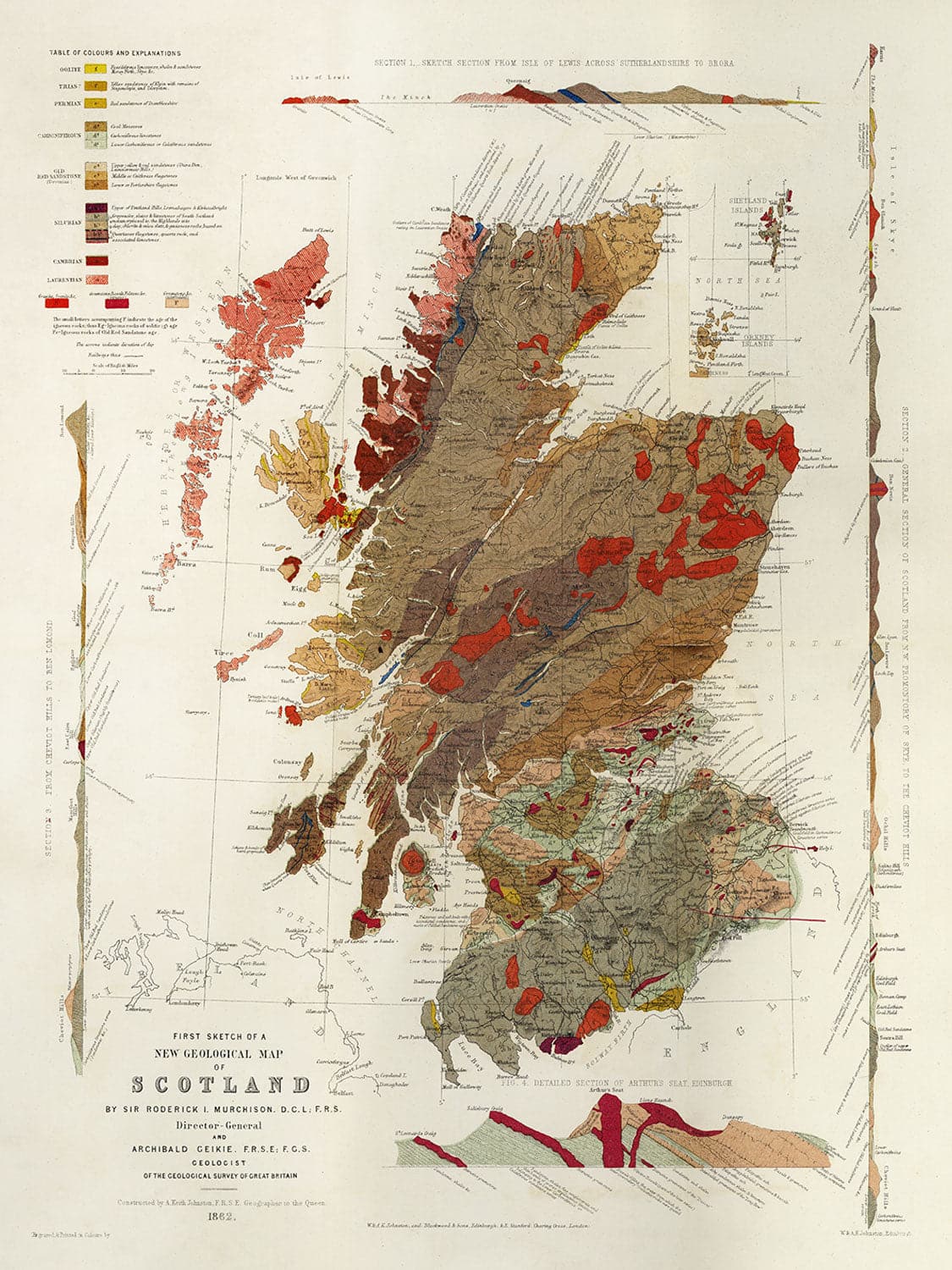 Old Map of Scotland Geology by Roderick I. Murchison 1862 - Skye, Shetland, Orkney, Highlands
