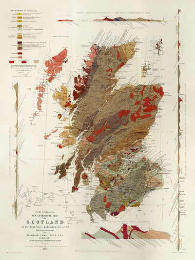 Old Map of Scotland Geology by Roderick I. Murchison 1862 - Skye, Shetland, Orkney, Highlands