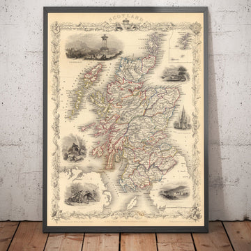 Alte Karte von Schottland im Jahr 1851 von J. Tallis - Vintage Wandkunst, Antike Karte der schottischen Grafschaften 