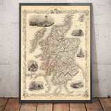 Old Map of Scotland in 1851 by J. Tallis - Vintage Wall Art, Antique Map of Scottish Counties