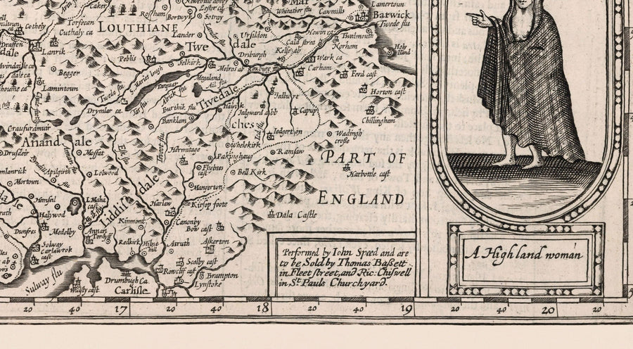 Vecchia mappa monocromatica della Scozia, 1611 di John Speed - Orcadi, Shetland, Highlands, Ebridi Esterne, Skye, Loch Ness 