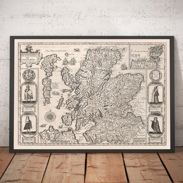 Old Monochrome Carte of Scotland, 1611 par John Speed ​​- Orkney, Shetland, Highlands, Extérieur Hebrides, Skye, Loch Ness
