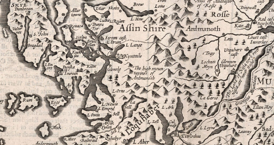Vecchia mappa monocromatica della Scozia, 1611 di John Speed - Orcadi, Shetland, Highlands, Ebridi Esterne, Skye, Loch Ness 