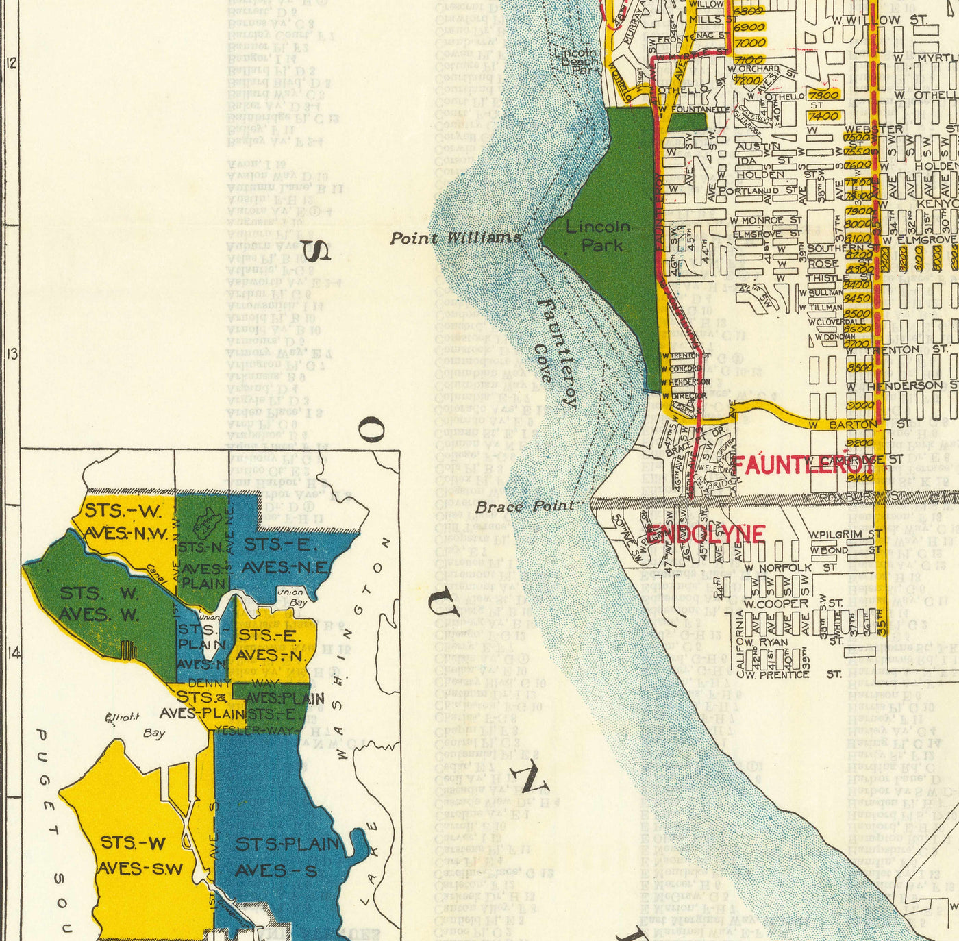 Rare ancienne carte de Seattle, Washington, 1929 - Centre ville, lacs, puget, canaux, île de Mercer