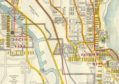 Rare ancienne carte de Seattle, Washington, 1929 - Centre ville, lacs, puget, canaux, île de Mercer