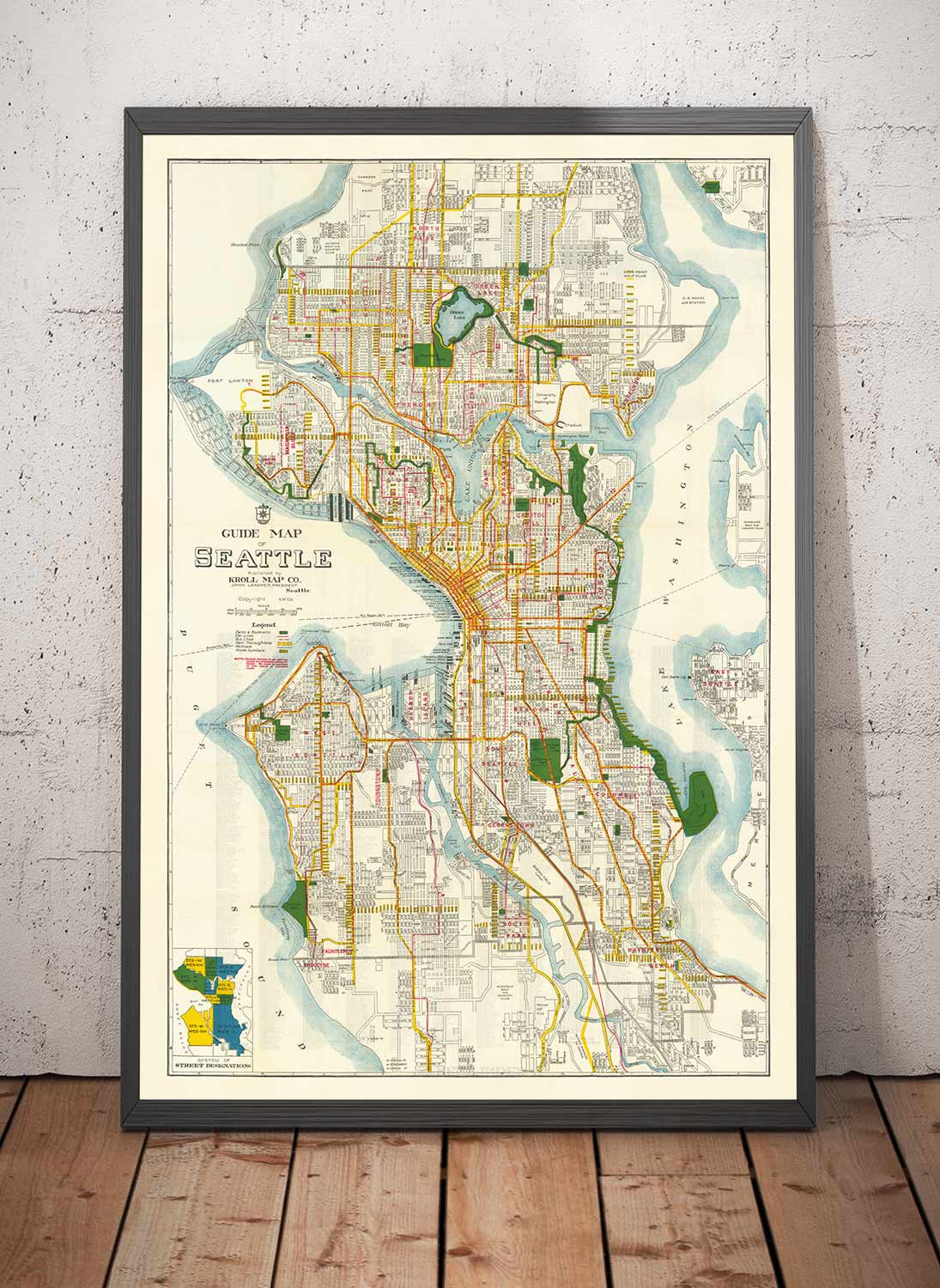 Rare ancienne carte de Seattle, Washington, 1929 - Centre ville, lacs, puget, canaux, île de Mercer