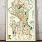 Rara Mappa Antica di Seattle, Washington, 1929 - Centro, Laghi, Puget, Canali, Isola di Mercer 