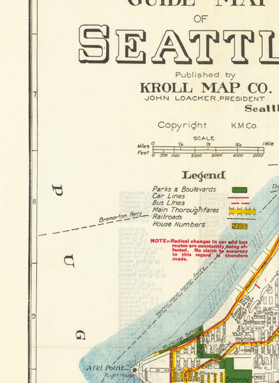 Rare ancienne carte de Seattle, Washington, 1929 - Centre ville, lacs, puget, canaux, île de Mercer