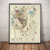 Rare Old Map of Seattle, Washington, 1890 by OP Anderson - Downtown, Lakes, Puget, Bay, Mercer, Trainlines