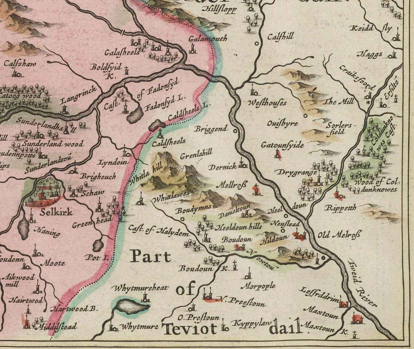 Old Map of Selkirkshire in 1665 by Joan Blaeu - Selkirk, Lindean, Darnick, River Tweed, Peebles