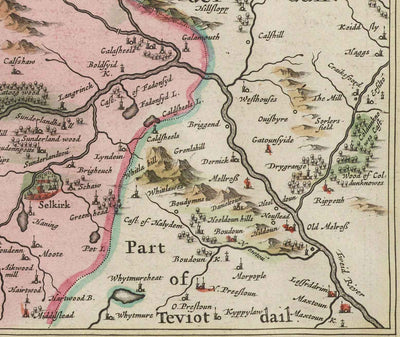 Old Map of Selkirkshire in 1665 by Joan Blaeu - Selkirk, Lindean, Darnick, River Tweed, Peebles