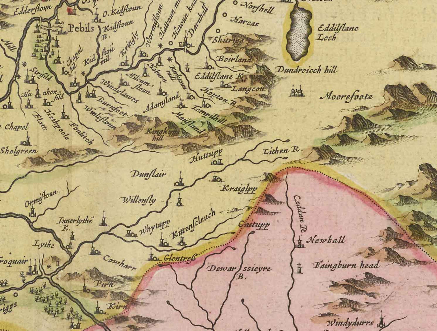Old Map of Selkirkshire in 1665 by Joan Blaeu - Selkirk, Lindean, Darnick, River Tweed, Peebles
