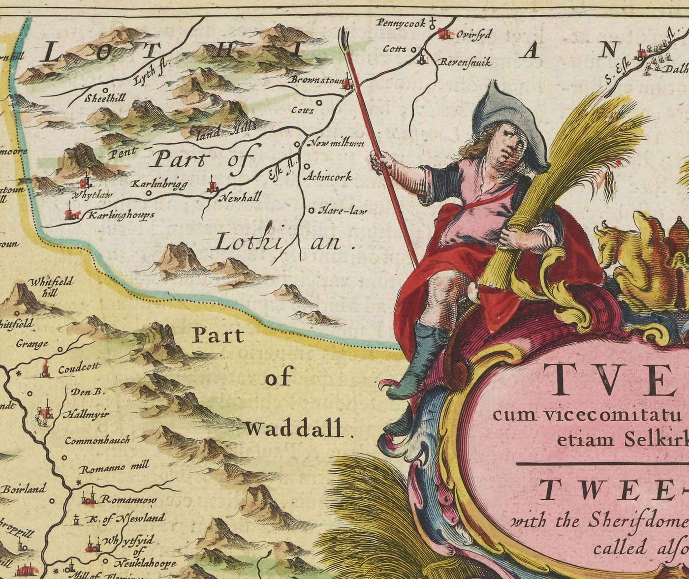 Old Map of Selkirkshire in 1665 by Joan Blaeu - Selkirk, Lindean, Darnick, River Tweed, Peebles
