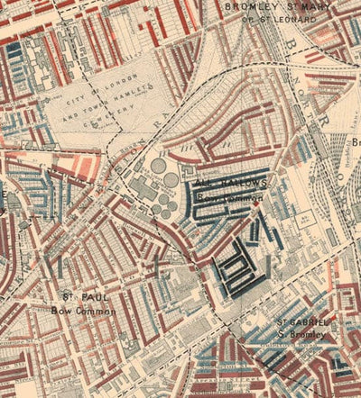 Karte der Armut in London 1898-9, östlicher Bezirk, von Charles Booth - Isle of Dogs, Surrey Quays, West India, Canary Wharf - E3, E14, SE16, SE8, SE10 
