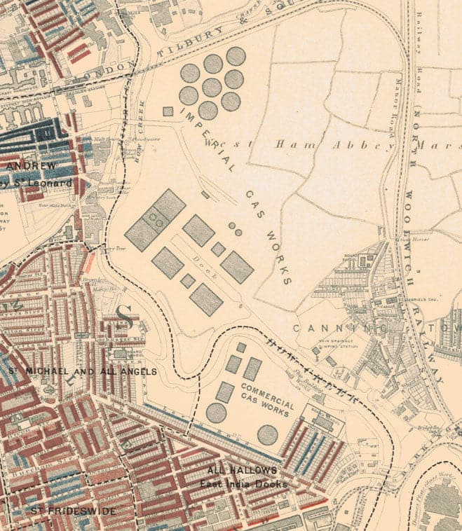 Karte der Armut in London 1898-9, östlicher Bezirk, von Charles Booth - Isle of Dogs, Surrey Quays, West India, Canary Wharf - E3, E14, SE16, SE8, SE10 