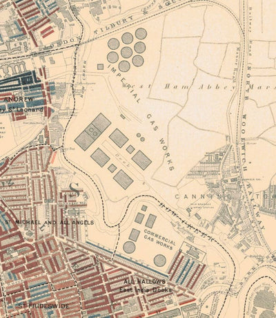 Karte der Armut in London 1898-9, östlicher Bezirk, von Charles Booth - Isle of Dogs, Surrey Quays, West India, Canary Wharf - E3, E14, SE16, SE8, SE10 