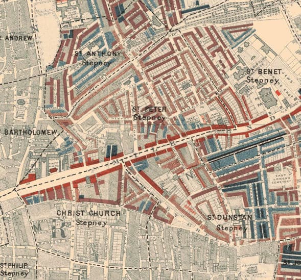 Karte der Armut in London 1898-9, östlicher Bezirk, von Charles Booth - Isle of Dogs, Surrey Quays, West India, Canary Wharf - E3, E14, SE16, SE8, SE10 