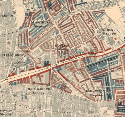 Karte der Armut in London 1898-9, östlicher Bezirk, von Charles Booth - Isle of Dogs, Surrey Quays, West India, Canary Wharf - E3, E14, SE16, SE8, SE10 