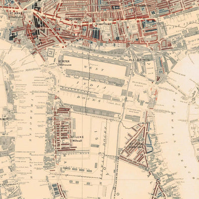 Karte der Armut in London 1898-9, östlicher Bezirk, von Charles Booth - Isle of Dogs, Surrey Quays, West India, Canary Wharf - E3, E14, SE16, SE8, SE10 