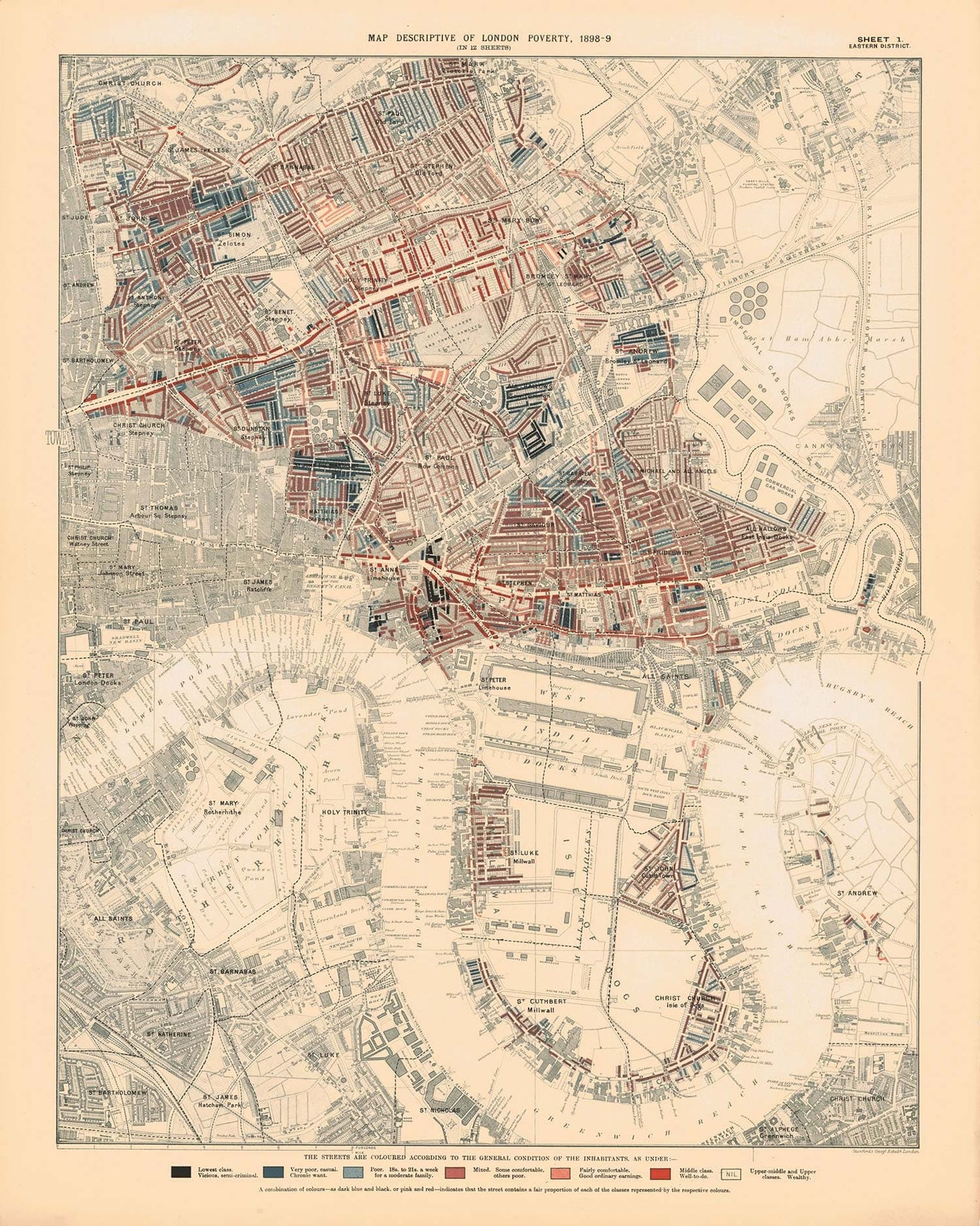 Karte der Armut in London 1898-9, östlicher Bezirk, von Charles Booth - Isle of Dogs, Surrey Quays, West India, Canary Wharf - E3, E14, SE16, SE8, SE10 
