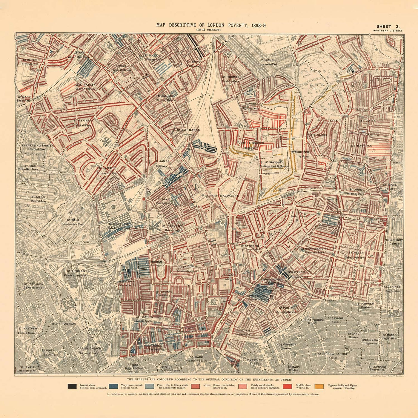Mapa de Pobreza Personalizado de Londres por Charles Booth, 1898-9 