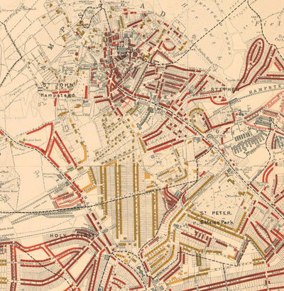 Mapa de la pobreza en Londres 1898-9, Distrito Noroeste, por Charles Booth - Camden, Hampstead, Westminster, Regents Park - NW1, NW5, NW3, NW8, NW6, W9