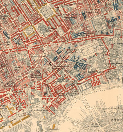 Carte de la pauvreté de Londres 1898-9, West Central District, par Charles Booth - Westminster, Camden, City of London, Islington - W1, WC1, WC2, EC1, N1