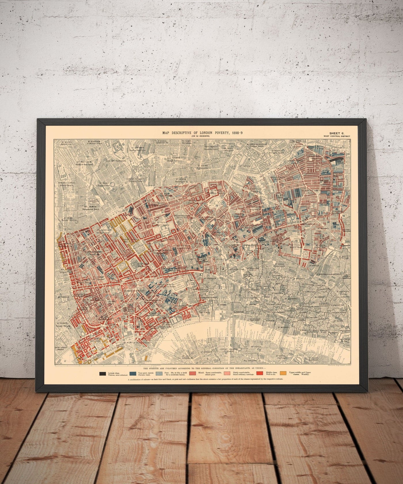 Carte de la pauvreté de Londres 1898-9, West Central District, par Charles Booth - Westminster, Camden, City of London, Islington - W1, WC1, WC2, EC1, N1