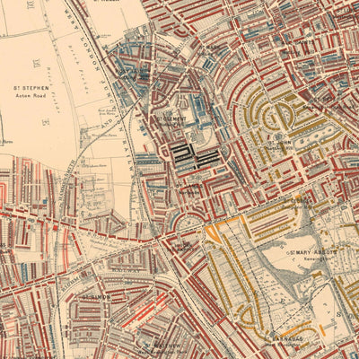 Carte de la pauvreté de Londres 1898-9, Outer Western District, par Charles Booth - Notting Hill, Shepherds Bush, Hammersmith, Chelsea - W6, W12, W14, W11, W10, NW10