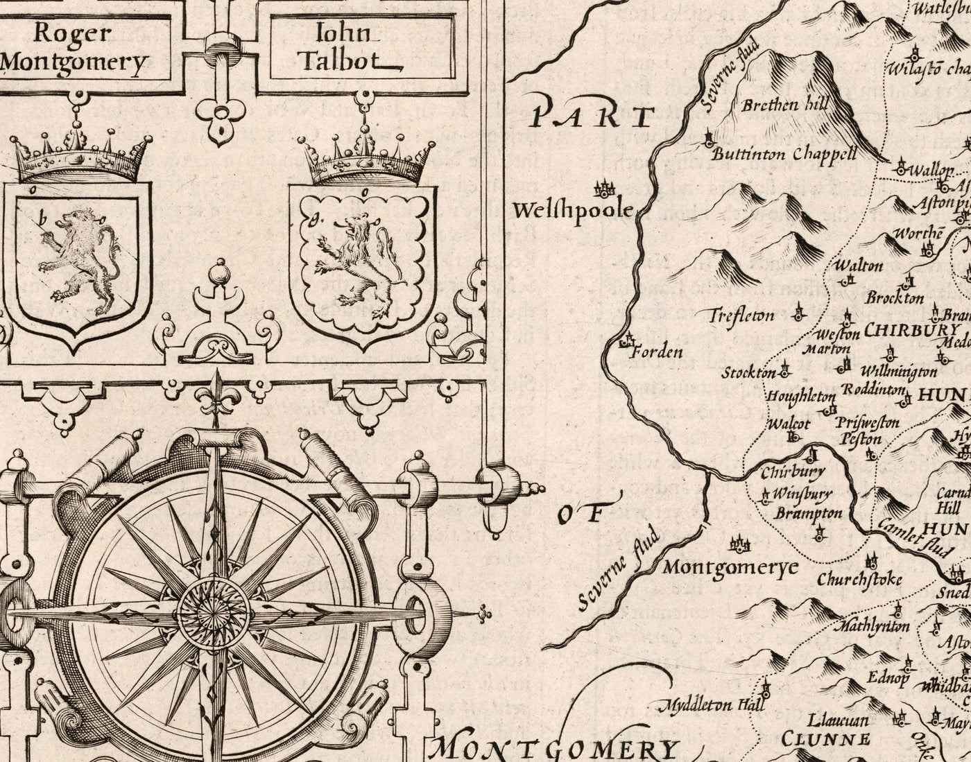 Alte Karte von Shropshire im Jahr 1611 von John Speed - Shrewsbury, Telford, Bridgnorth, Oswestry, Newport, Ludlow 