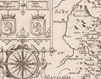 Alte Karte von Shropshire im Jahr 1611 von John Speed - Shrewsbury, Telford, Bridgnorth, Oswestry, Newport, Ludlow 