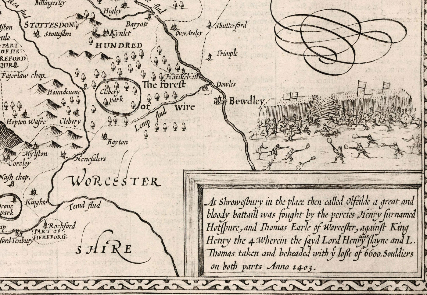 Alte Karte von Shropshire im Jahr 1611 von John Speed - Shrewsbury, Telford, Bridgnorth, Oswestry, Newport, Ludlow 