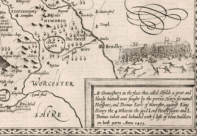 Alte Karte von Shropshire im Jahr 1611 von John Speed - Shrewsbury, Telford, Bridgnorth, Oswestry, Newport, Ludlow 