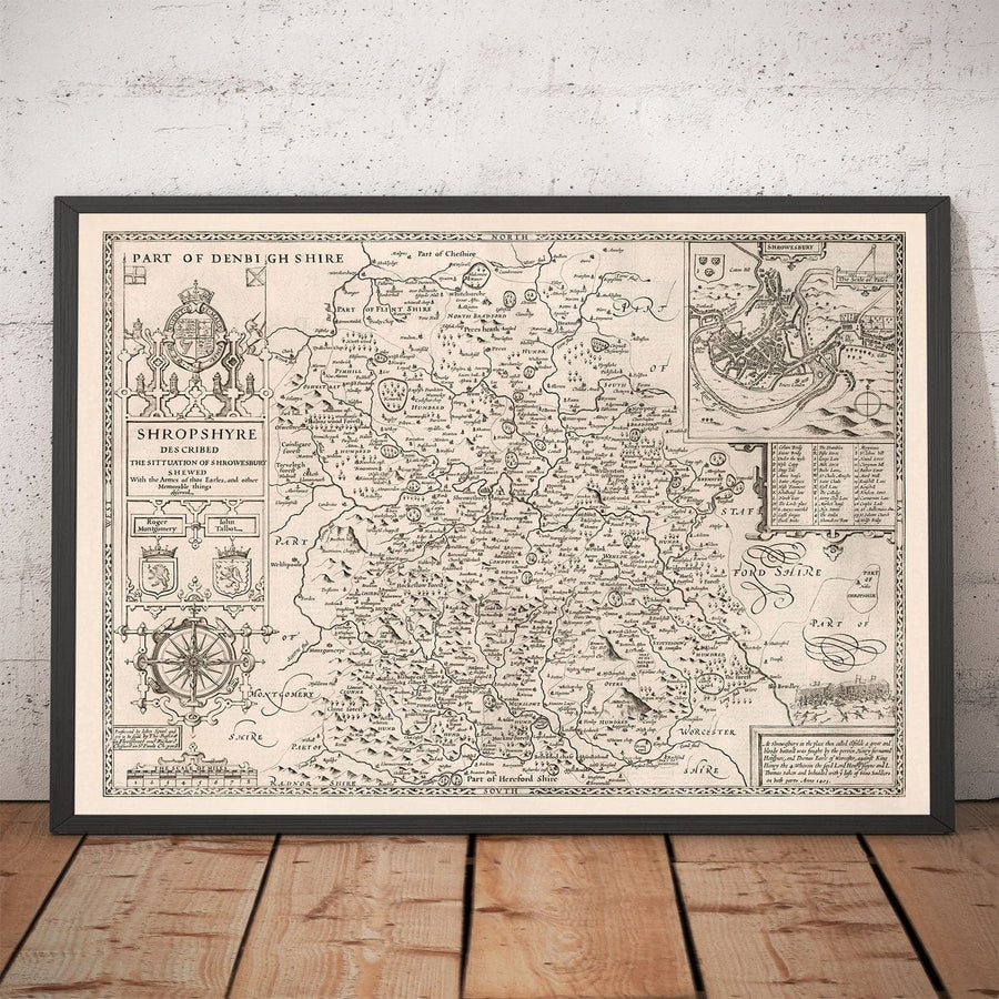Vieille carte du Shropshire en 1611 par John Speed ​​- Shrewsbury, Telford, Bridgnorth, Oswestry, Newport, Ludlow