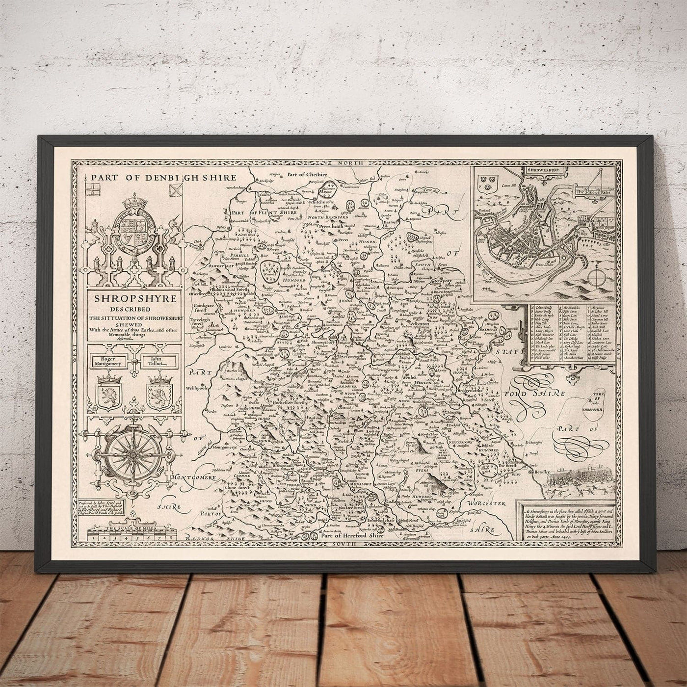 Alte Karte von Shropshire im Jahr 1611 von John Speed - Shrewsbury, Telford, Bridgnorth, Oswestry, Newport, Ludlow 